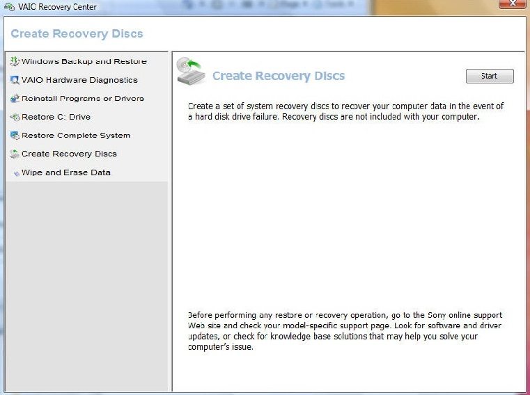 sony vaio recovery disk stuck at starting window